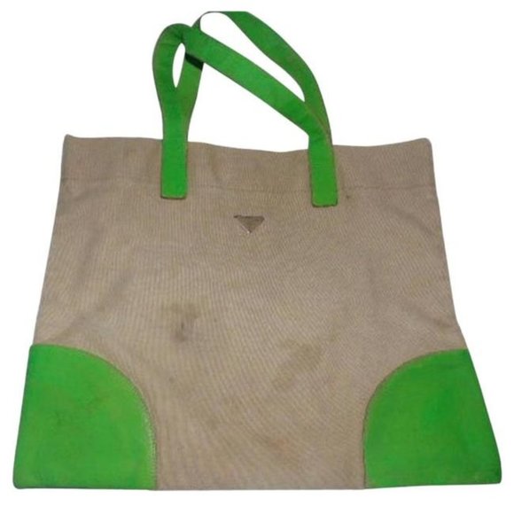Prada Dark Khaki Canvas and Lime Green BOHO Leather Tote - Picture 1 of 7
